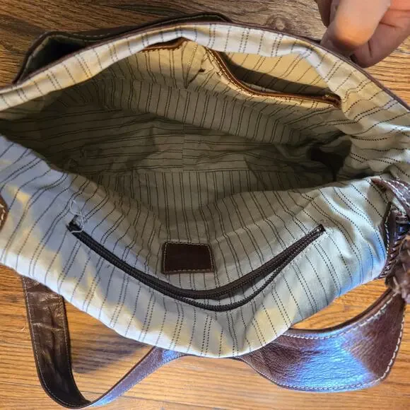 Frye Brown Leather Crossbody Bag Braided Trim - Picture 10 of 16